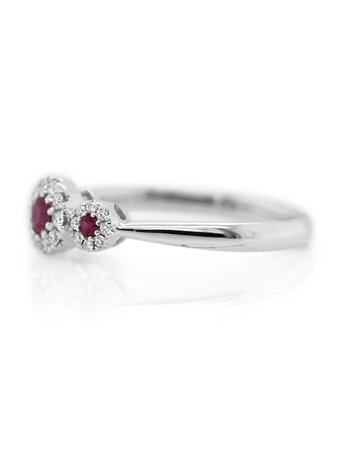 Ruby & Diamond Halo Trilogy Ring, 18K White Gold.