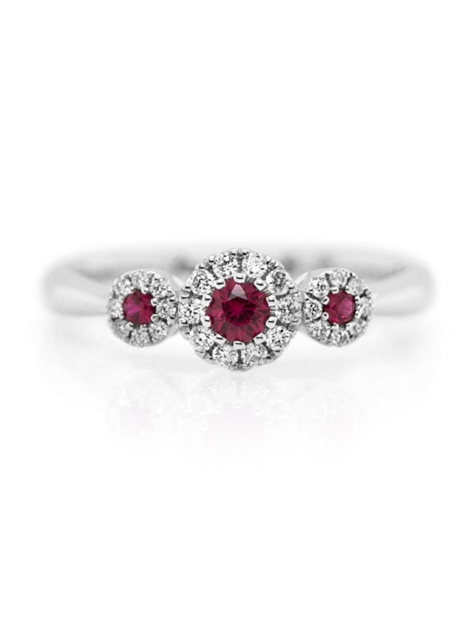 Ruby & Diamond Halo Trilogy Ring, 18K White Gold.