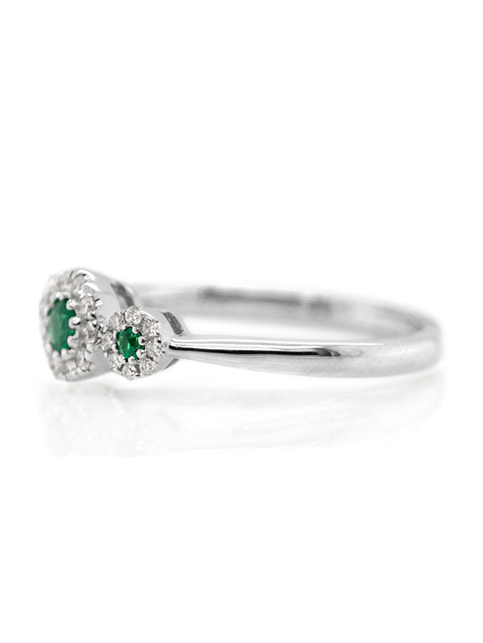 Emerald & Diamond Halo Trilogy Ring, 18 Carat White Gold.