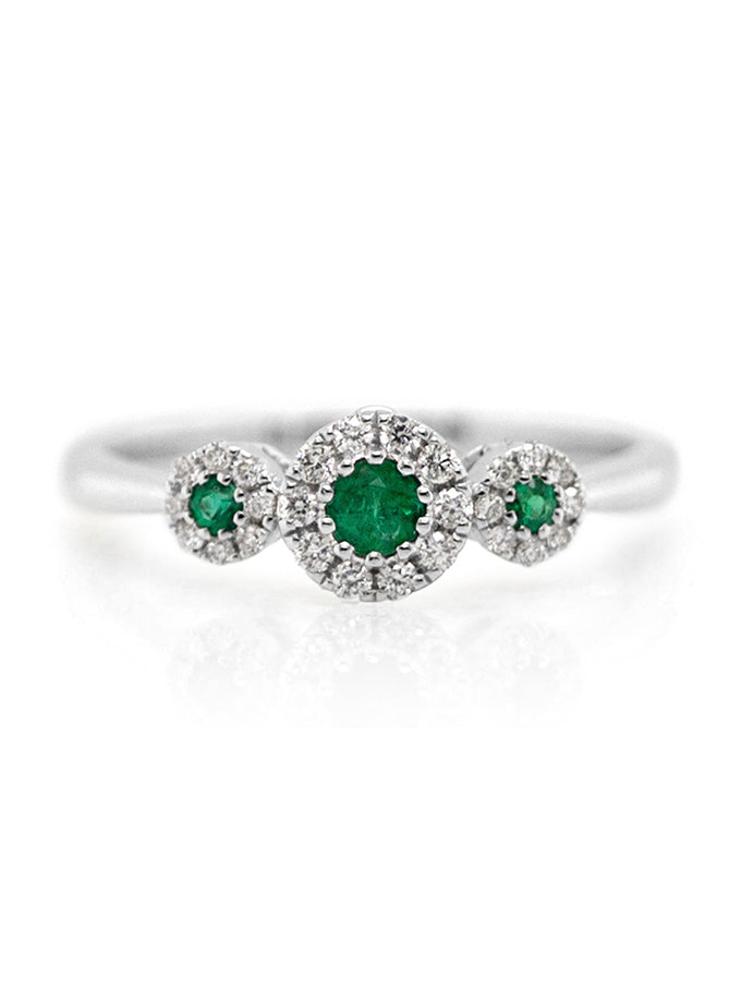 Emerald & Diamond Halo Trilogy Ring, 18 Carat White Gold.