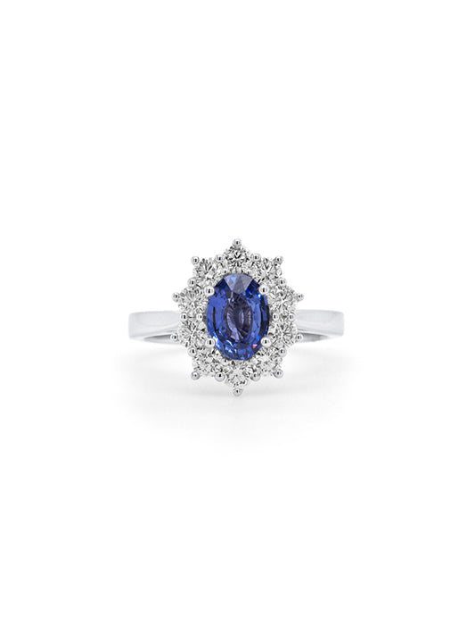8.05x5.9mm 1.32ct Oval Sapphire & Diamond Cluster Ring, 18K White Gold