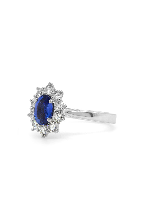 8.05x5.9mm 1.32ct Oval Sapphire & Diamond Cluster Ring, 18K White Gold