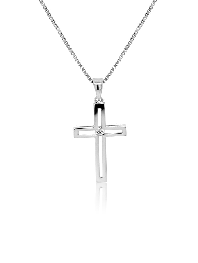 Diamond Set Cut Out Cross Pendant, 9K White Gold.