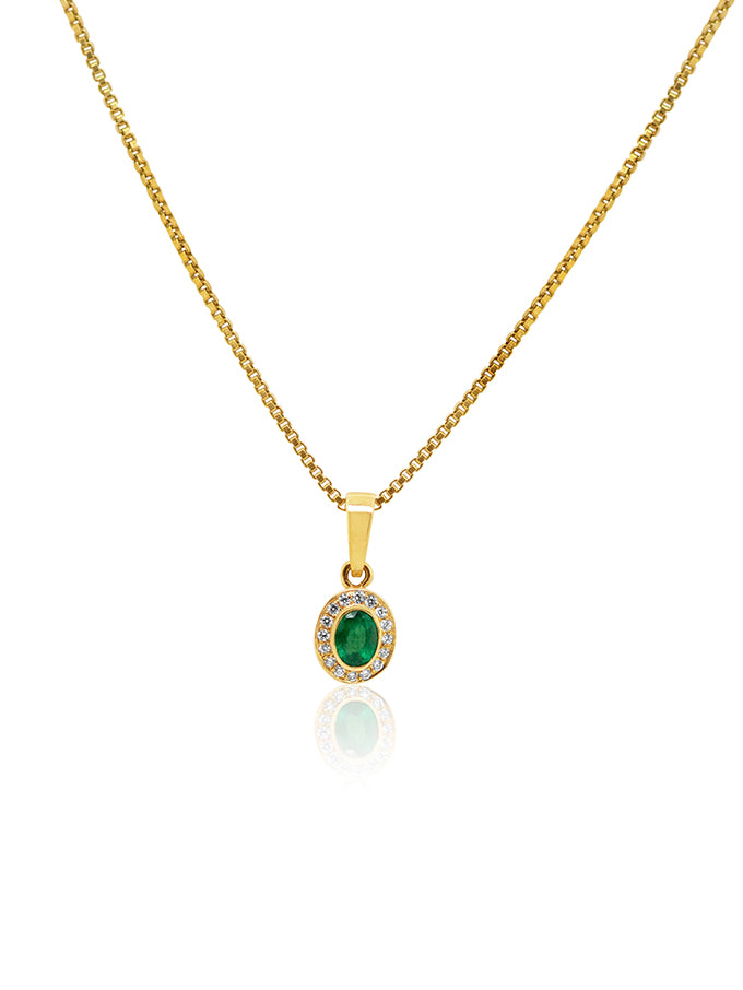 Emerald & Diamond Cluster Pendant, 9K Yellow Gold