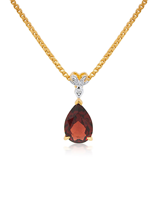 9x6mm Pear Garnet & 3 Diamond Bale Pendant in 9 Carat Yellow Gold