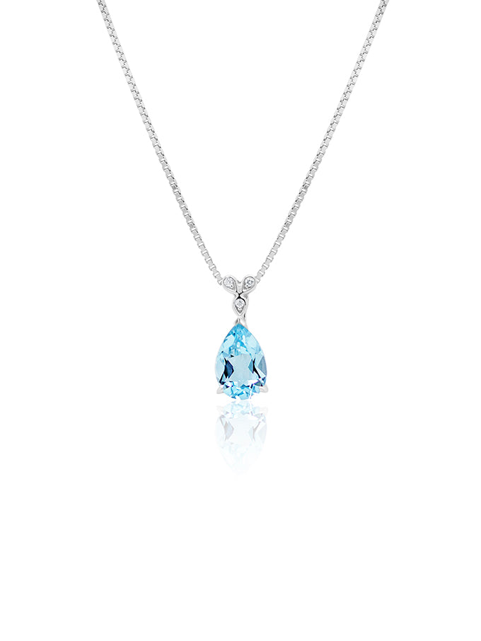 Light Blue 9x6mm Pear Topaz & Diamond Pendant, 9K White Gold