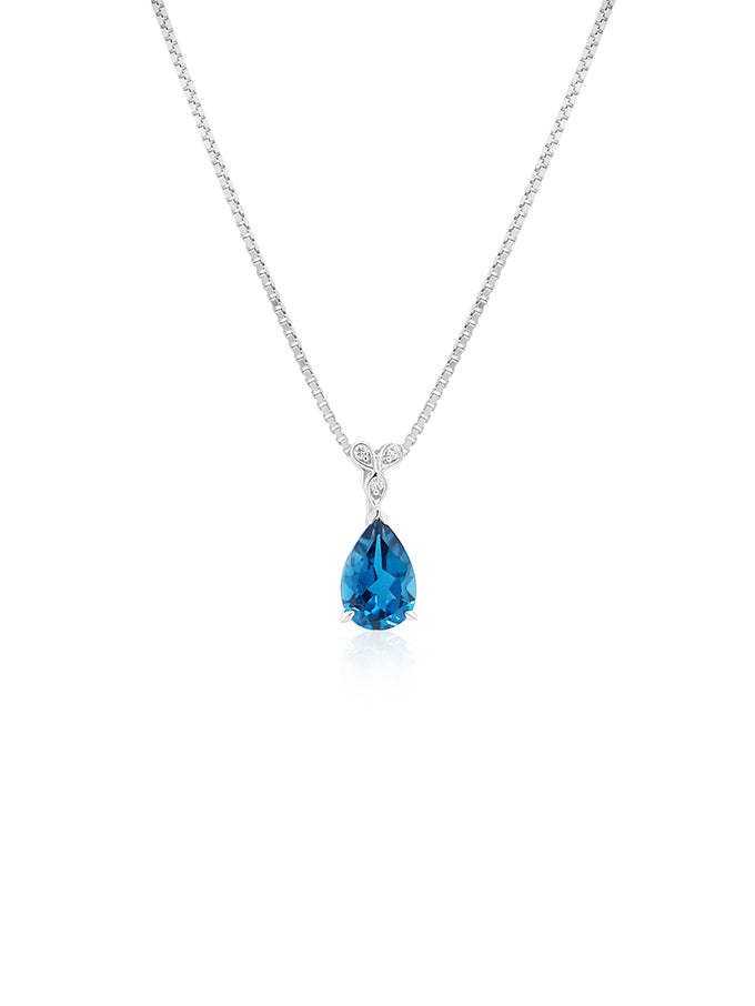 9x6mm Pear London Blue Topaz & Diamond Pendant in 9 Carat White Gold