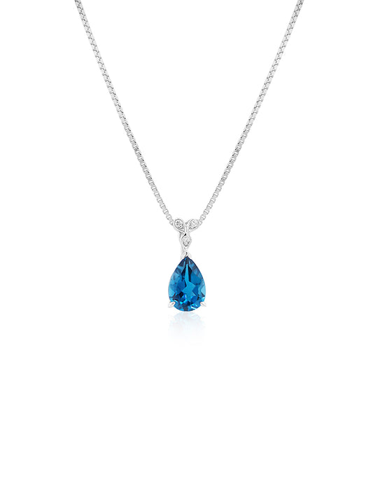 9x6mm Pear London Blue Topaz & Diamond Pendant in 9 Carat White Gold