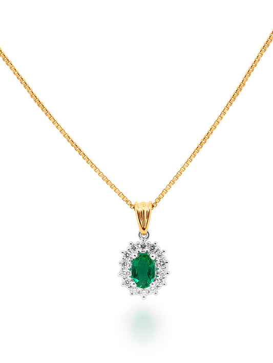 Emerald & Diamond Pendant, 18K Yellow & White Gold (Plated Chain)