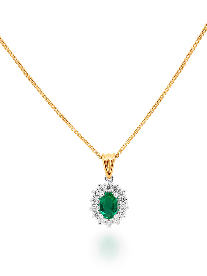 Emerald & Diamond Pendant, 18K Yellow & White Gold (Plated Chain)