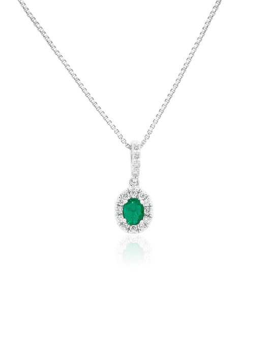 Emerald & Diamond Pendant, 9K White Gold (Silver Chain)