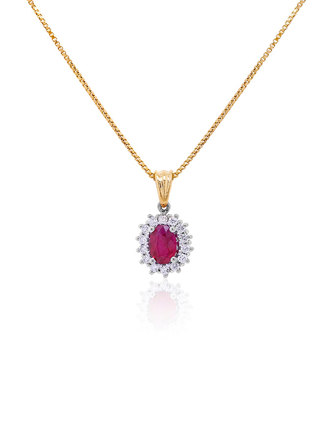 Ruby & Diamond Pendant, 18 Carat Yellow & White Gold (Plated Chain)