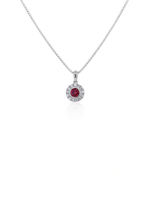 Ruby & Diamond Pendant, 18 Carat White Gold (Silver Chain)