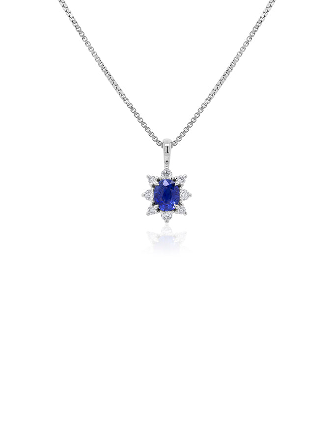 5x4 Oval Sapphire & 0.14 Carat Diamond Cluster Pendant, 9K White Gold