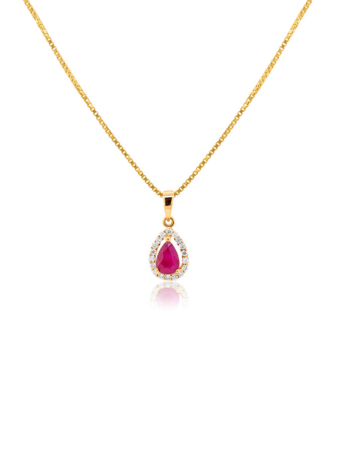 4.5mm Pear Cut Ruby & Diamond Halo Pendant, 9K Yellow Gold