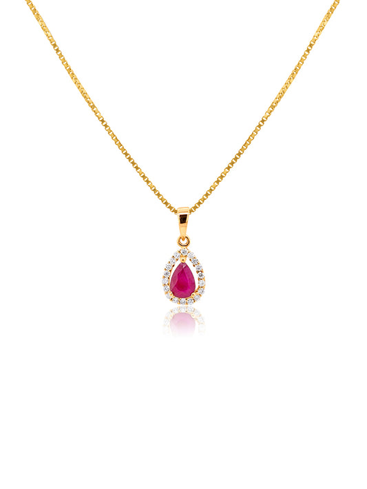 4.5mm Pear Cut Ruby & Diamond Halo Pendant, 9K Yellow Gold