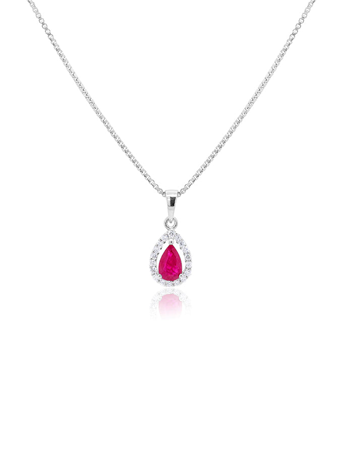 4.6mm Pear Cut Ruby & Diamond Halo Pendant in 9 Carat White Gold