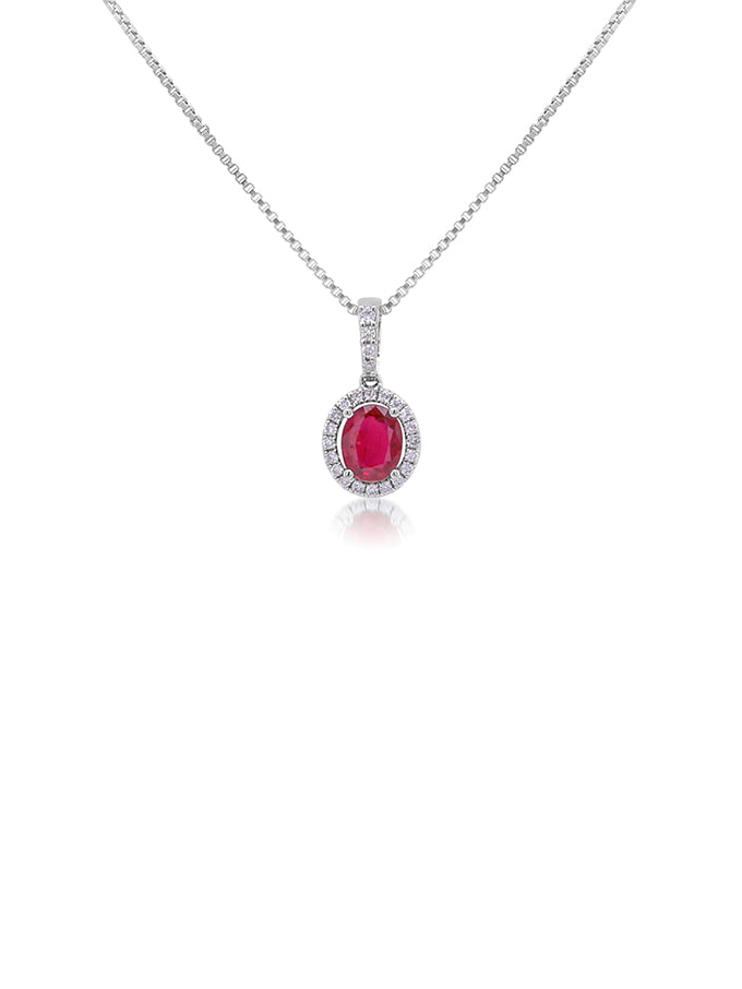 Ruby 5x6mm, 0.71ct & 0.13ct Diamond Pendant in 9 Carat White Gold