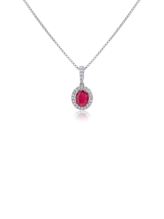 Ruby 5x6mm, 0.71ct & 0.13ct Diamond Pendant in 9 Carat White Gold