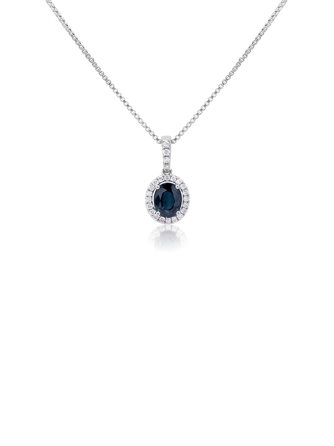 Oval Sapphire 0.81ct & 0.13ct Diamond Pendant in 9 Carat White Gold