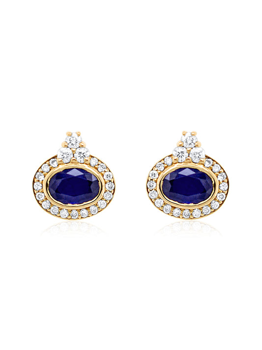 Sapphires & Diamond Halo Stud Ear Rings, 18K Yellow Gold.