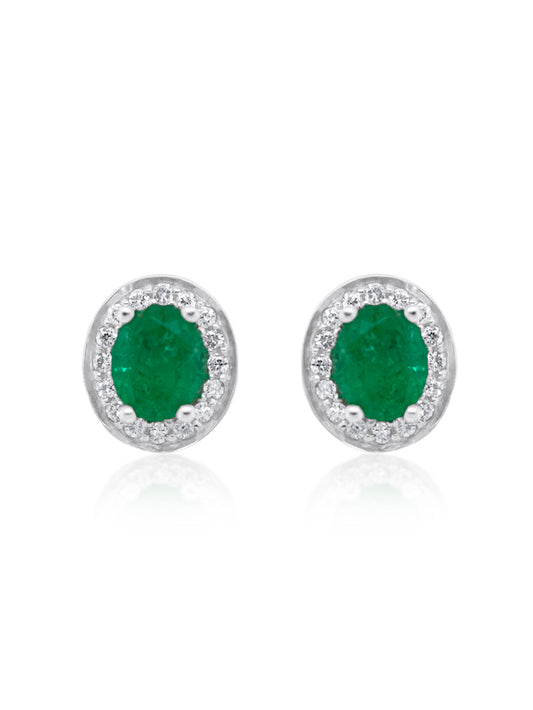 Emerald & Diamond Halo Earring, 9K White Gold.