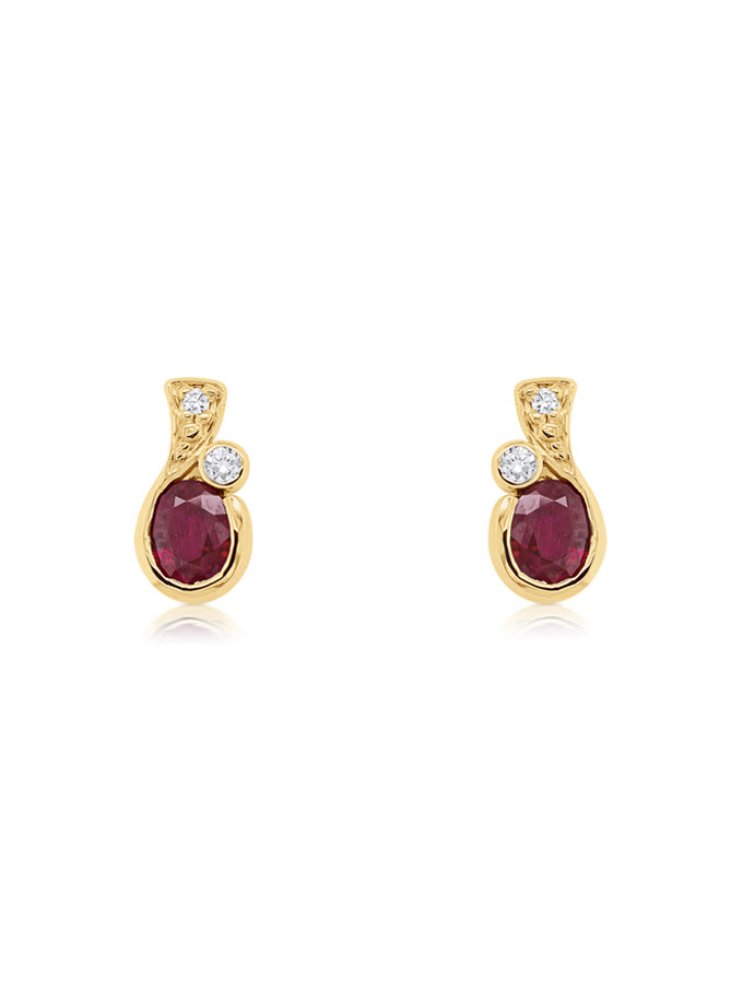 Natural Ruby & 0.035 Carat Diamond Stud Ear Ring in 9K Yellow Gold.