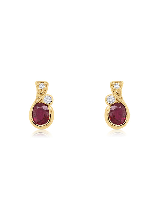 Natural Ruby & 0.035 Carat Diamond Stud Ear Ring in 9K Yellow Gold.