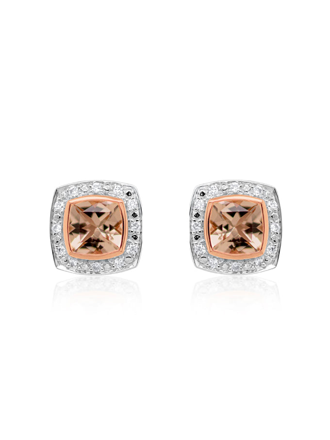 Pair Morganite & Diamond Halo Stud Earring.