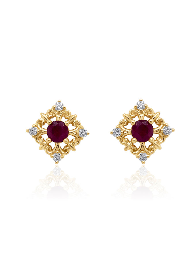 3.50mm Ruby & 0.10 Carat Diamond Earrings in 9 Carat Yellow Gold