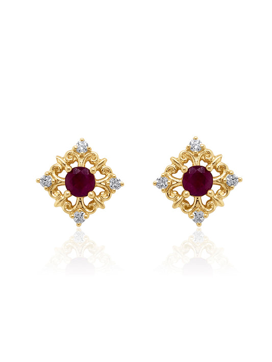 3.50mm Ruby & 0.10 Carat Diamond Earrings in 9 Carat Yellow Gold