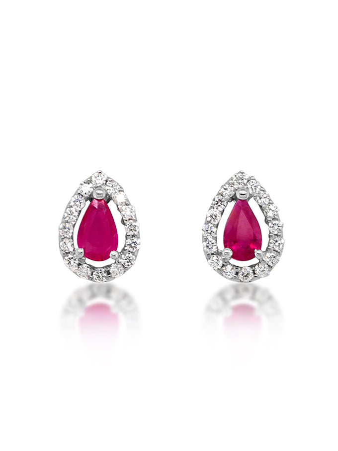 3x5mm 0.52ct Pear Cut Ruby & Diamonds Tear Stud Earring, 9K White Gold