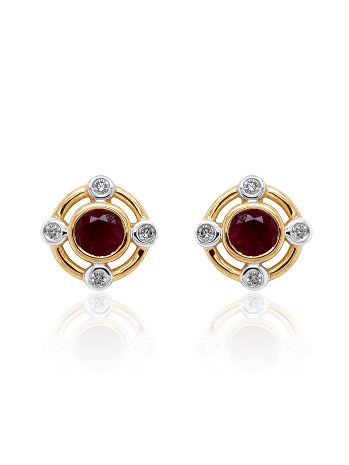 4.5mm Ruby & 0.12 Carat Diamond Bezel Set Earrings in 9K Yellow Gold