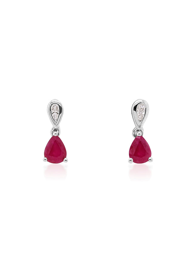 4x5mm Pear Ruby & 0.04 Carat Diamond Earrings in 9 Carat White Gold