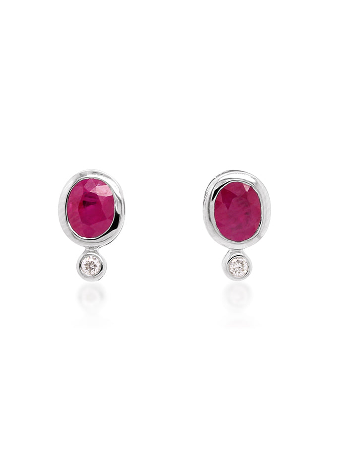 4x5mm Oval Ruby & 0.03 Carat Diamond Earrings, 9K White Gold