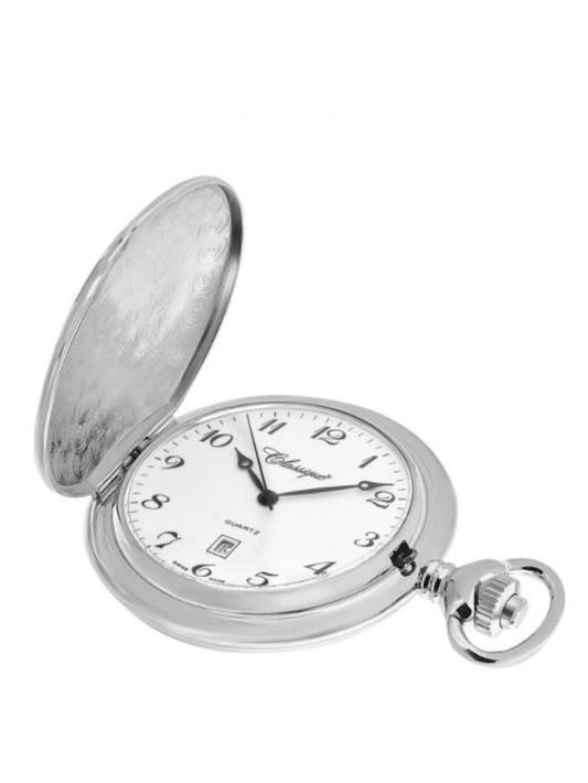 Classique Chrome Plated Pocket Watch, White Arabic Dial.