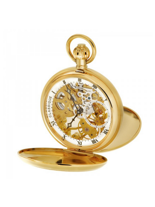 Classique skeleton manual wind pocket watch gold plated, Roman Numeral