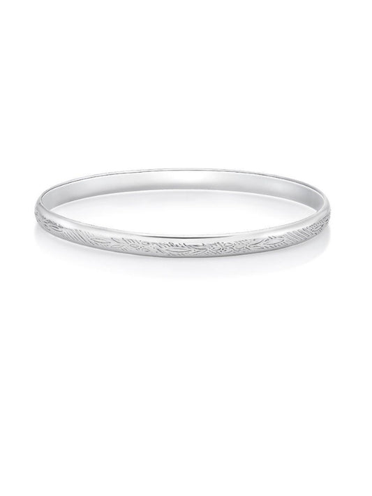 60mm Sterling Silver Oval Bangle with Fern Engravings