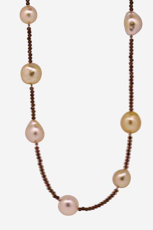 Smokey Quartz & 18x South Sea pearl necklet, 90cm