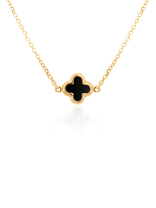 Black Onyx Clover Necklet, 9K Yellow Gold