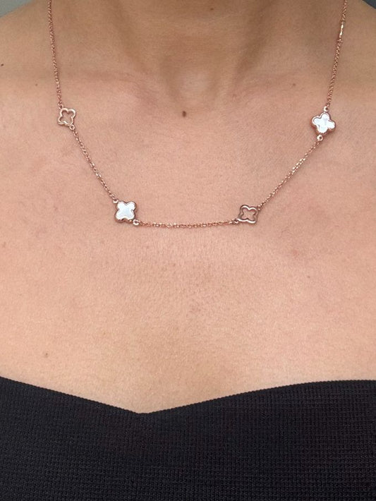 Mother Of Pearl Clover Necklet, 9K Rose Gold