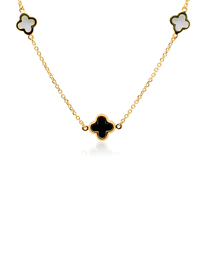 Gold & Black Onyx Clover Necklet, 9K Yellow Gold