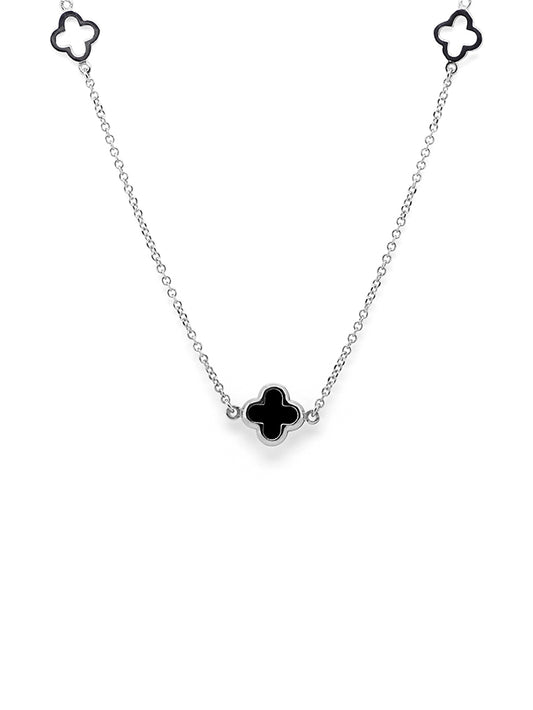 Cut Out Clover & Black Onyx Necklet in 9 Carat White Gold