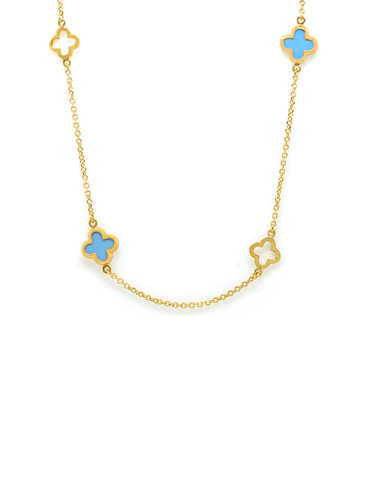 Turquoise & Cut Out 5 Clover Necklet, 9K Yellow Gold, 45cm