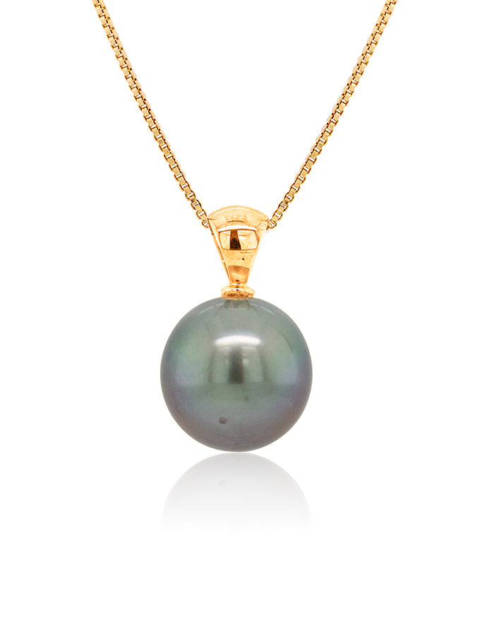 Tahitian pearl pendant 10mm 9k yellow gold tapered style.