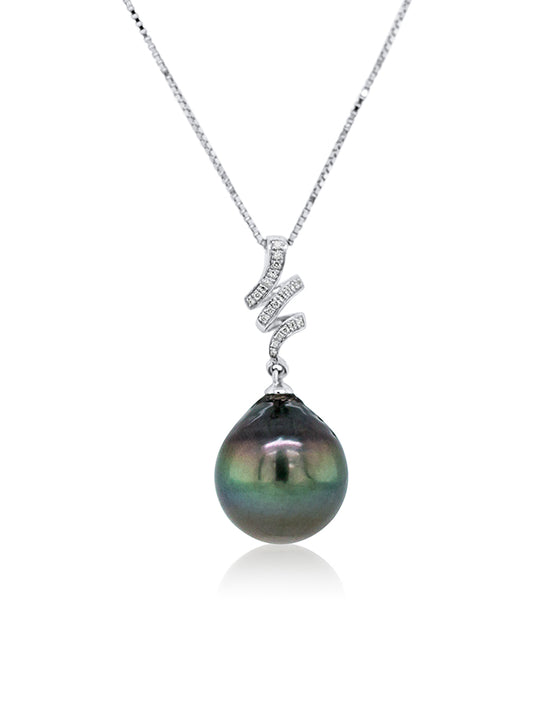 Tahitian Pearl & diamond spiral pendant 9k white gold 15mm.