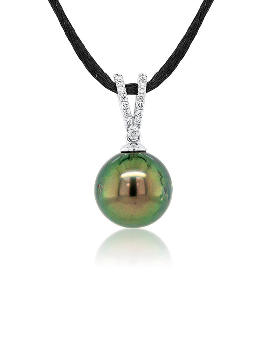 Tahitian Pearl & Diamond Set Pendant, 9K White Gold, 13mm.