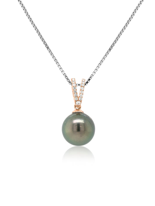 12mm Tahitian Pearl & Diamond Set Rose Gold Pendant, T=0.08ct.