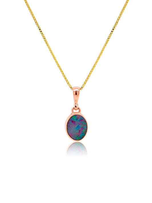 Vibrant Doublet Opal Pendant, 9K Rose Gold  (plated chain).