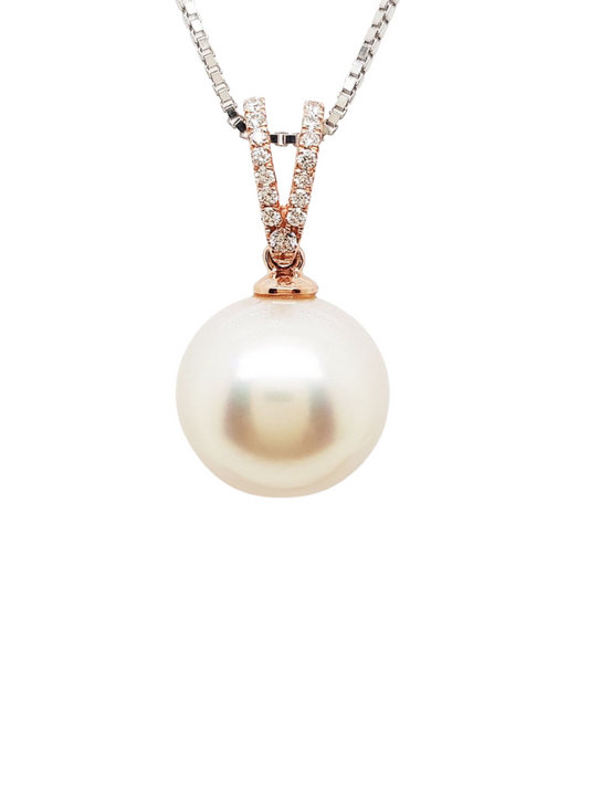 South Sea Pearl Pendant, Diamond Set, 9 Carat Rose Gold, 13mm